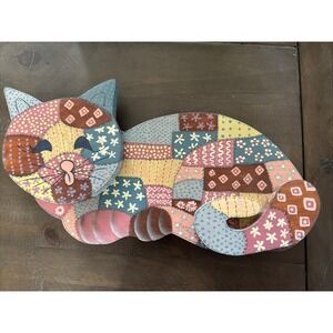 Vintage Hand Painted Wooden Cat Decorative Wall Patchwork Country Plaque